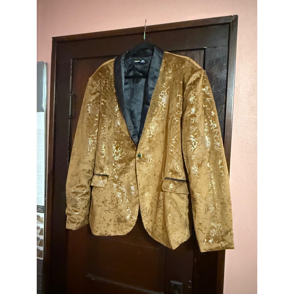 Manfinity Mens Gold Floral Jacquard Blazer Metallic Tuxedo Jacket XL Shawl Lapel